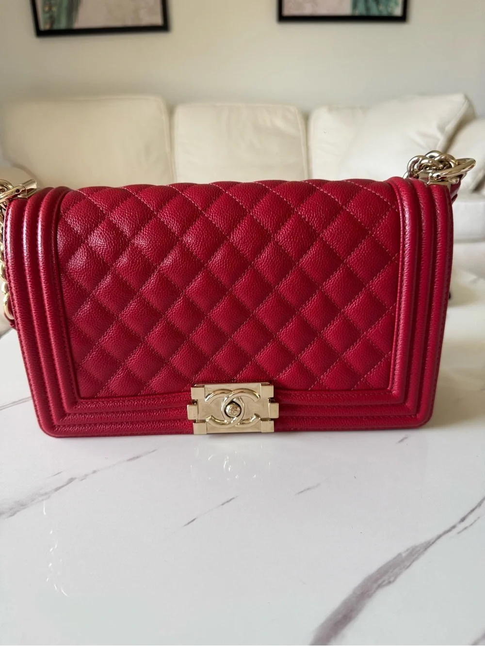 Chanel Medium Boy Bag – 20B Dark Red Caviar Leather with Light Gold Hardware